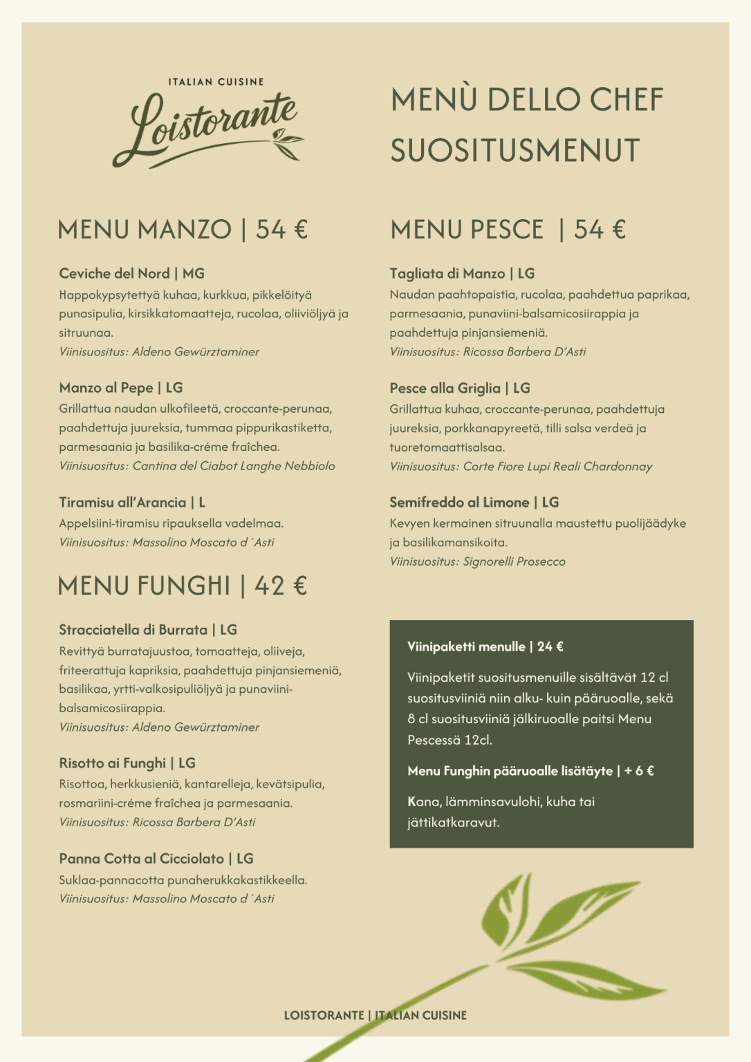 Loistorante Keittiömestarin 3 Ruokalajin Suositusmenut