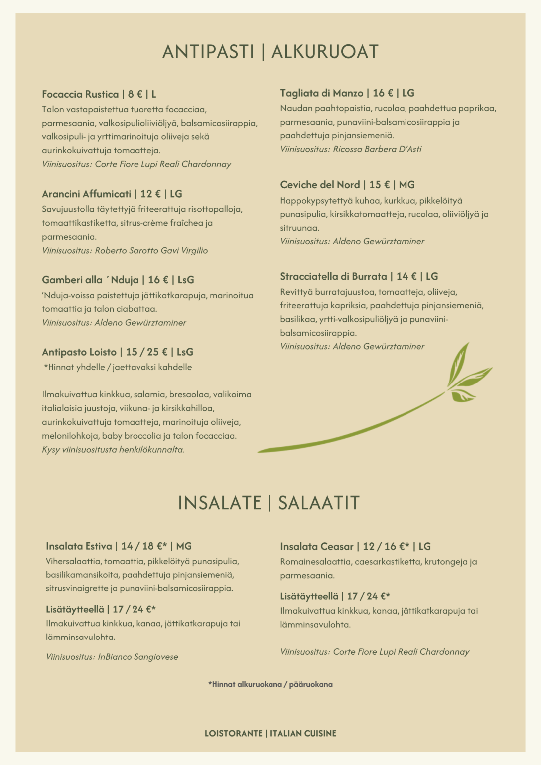 Loistorante Ruokalista Kesä 2026 Sivu 1